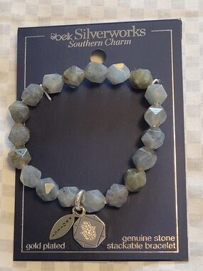Silverworks Gold-Plated "Protect" Charm With Light Gray Genuine Stones Bracelet